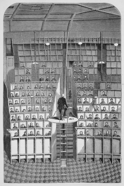 Volwassenenschool in de Kapel, volgens het Aparte Systeem, in het Surrey Huis van Correctie, Wandsworth, uit The Criminal Prisons of London and Scenes of Prison Life door Henry Mayhew (1812-87) en John Binny door English School