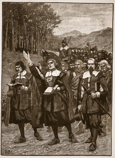 Opmars van de Covenanters over de grens naar Engeland, illustratie uit Cassells Geïllustreerde Geschiedenis van Engeland door English School