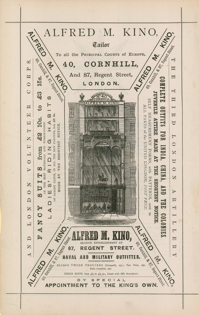 Advertentie voor Alfred M Kino, kleermaker, 40 Cornhill en 87 Regent Street, Londen door English School