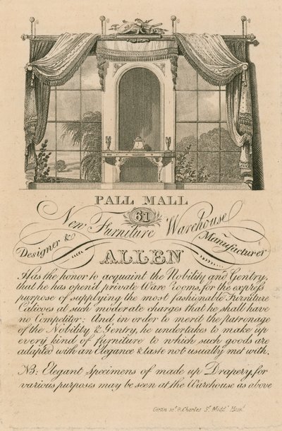 Advertentie voor Allens nieuwe meubelmagazijn, 61 Pall Mall, Londen door English School