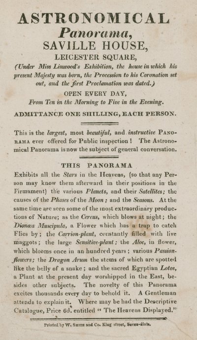Advertentie voor Astronomisch Panorama, Saville House, Leicester Square, Londen door English School