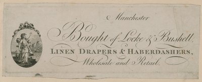 Advertentie voor Bought of Locke & Bushell, Manchester door English School