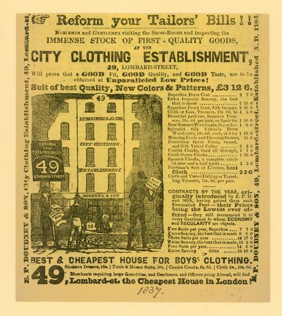 Advertentie voor Doudney & Son, City Clothing Establishment, 49 Lombard Street, Londen door English School