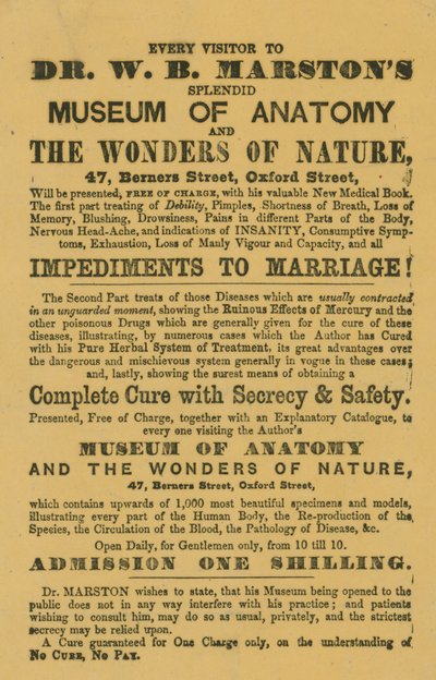 Advertentie voor Dr W B Marstons Museum van Anatomie en de Wonderen van de Natuur door English School