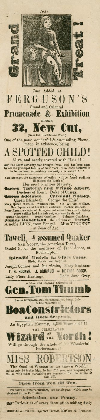 Advertentie voor Fergusons Grand and Oriental Promenade and Exhibition, 32 New Cut, Lambeth, Londen door English School