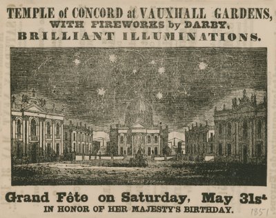 Advertentie voor Grand Fete in de Tempel van Concord, Vauxhall Gardens door English School