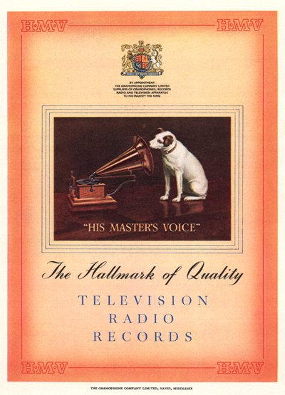 Advertentie voor His Masters Voice, illustratie uit de South Bank Exhibition catalogus, Festival of Britain, Londen, 1951 door English School