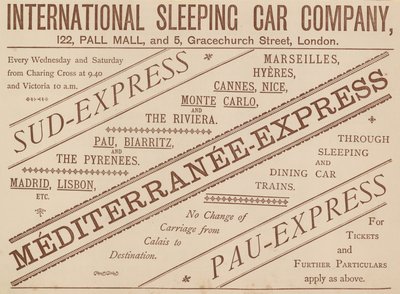 Advertentie voor International Sleeping Car Company, 122 Pall Mall en 5 Graceshurch Street, 1888 door English School