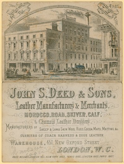 Advertentie voor John S Deed & Sons, leerfabrikanten en handelaren, 451 New Oxford Street, Londen door English School