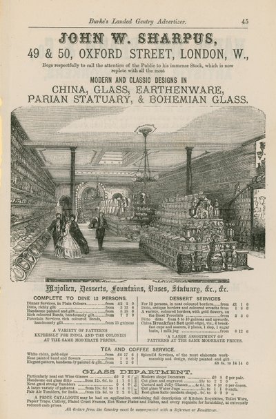 Advertentie voor John W Sharpus, moderne en klassieke ontwerpen in porselein, glas, aardewerk, parian beeldhouwwerk en Boheems glas door English School