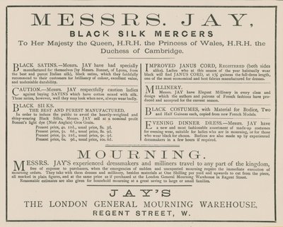 Advertentie voor Messrs Jay, The London General Mourning Warehouse, Regent Street door English School
