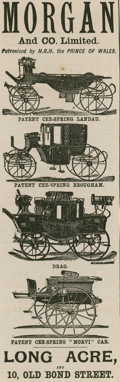 Advertentie voor Morgan & Co Ltd, wagenmakers, Long Acre en 10 Old Bond Street, Londen door English School