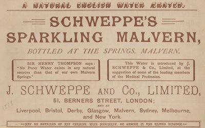 Advertentie voor Schweppes Sparkling Malvern, gebotteld bij de bronnen, Malvern door English School