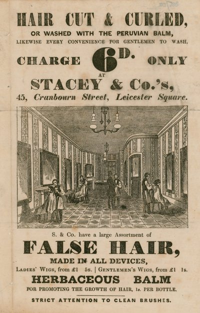 Advertentie voor Stacey & Co., 45 Cranbourne Street, Leicester Square, Londen, kappers door English School