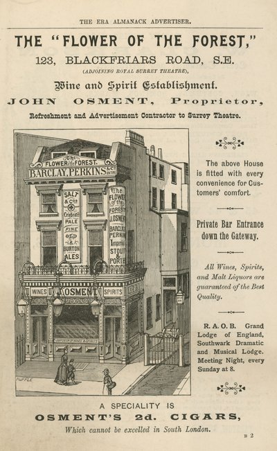 Advertentie voor The Flower of the Forest, 123 Blackfriars Road, Londen door English School
