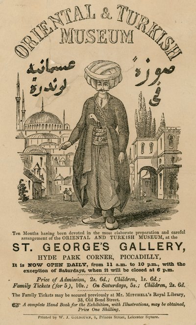 Advertentie voor The Oriental and Turkish Museum at St Georges Gallery, Hyde Park Corner, Piccadilly, Londen door English School