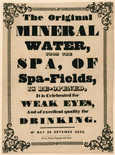 Advertentie voor het originele mineraalwater uit de Spa van Spa-Fields door English School