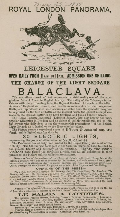 Advertentie voor The Royal London Panorama met de Charge of the Light Brigade bij Balaclava door English School