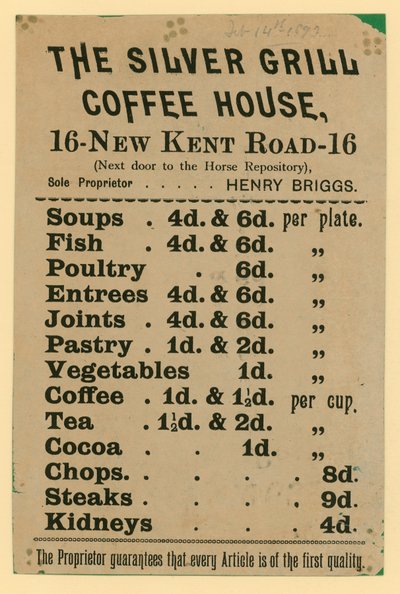 Advertentie voor The Silver Grill Coffee House, 16 New Kent Road, Londen door English School