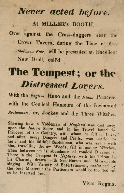 Advertentie voor The Tempest; of, The Distressed Lovers, uitgevoerd bij Millers Booth, Cross Daggers, nabij de Crown Tavern door English School