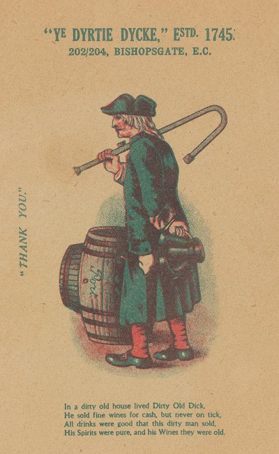 Advertentie voor Ye Dyrtie Dycke (Dirty Dick), 202-204 Bishopsgate, Londen door English School