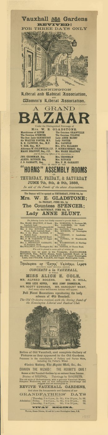Advertentie voor een Grand Bazaar in Vauxhall Gardens door English School