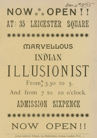 Advertentie voor een Indiase illusionist die optreedt op 35 Leicester Square, Londen door English School