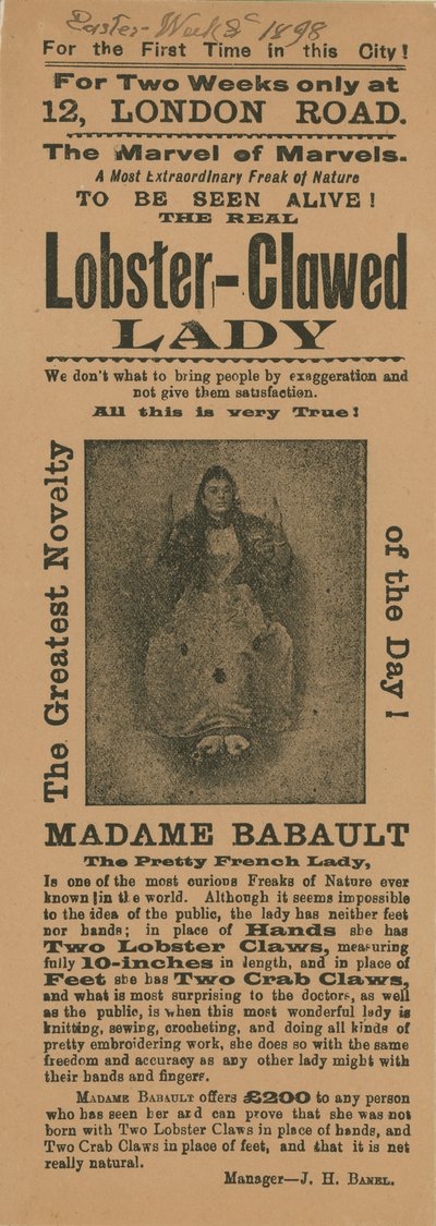 Advertentie voor een optreden van Madame Babault, de kreeftklauw dame door English School