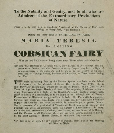 Advertentie voor een optreden van Madame Maria Teresia, de Corsicaanse Fee door English School