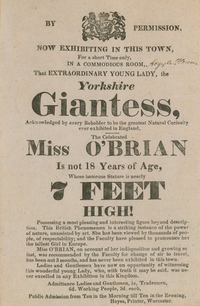 Advertentie voor een optreden van Miss OBrian, de Yorkshire Reuzin door English School