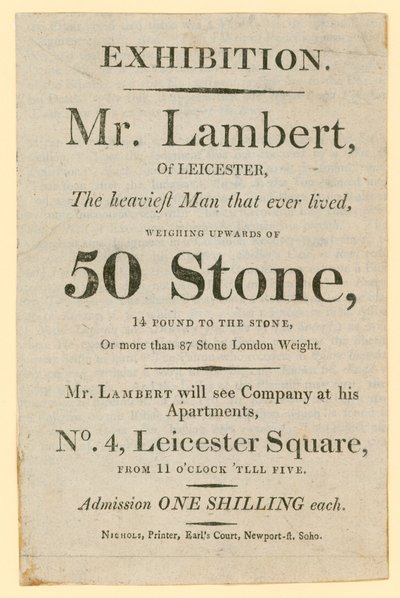 Advertentie voor een tentoonstelling met de heer Daniel Lambert die 50 stenen woog door English School