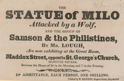 Advertentie voor een tentoonstelling van het Standbeeld van Milo aangevallen door een Wolf door English School