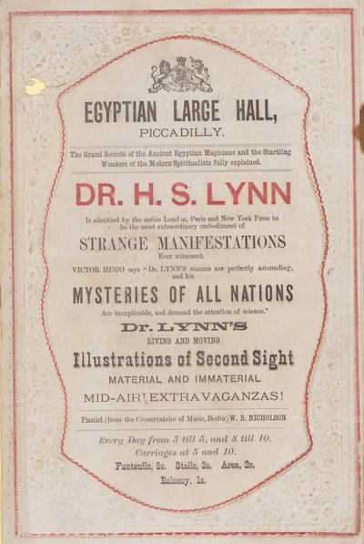 Advertentie voor optreden van Dr H S Lynn in de Egyptian Hall door English School