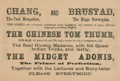 Advertentie voor optredens van Chang, Brustad, The Chinese Tom Thumb en The Midget Adonis door English School