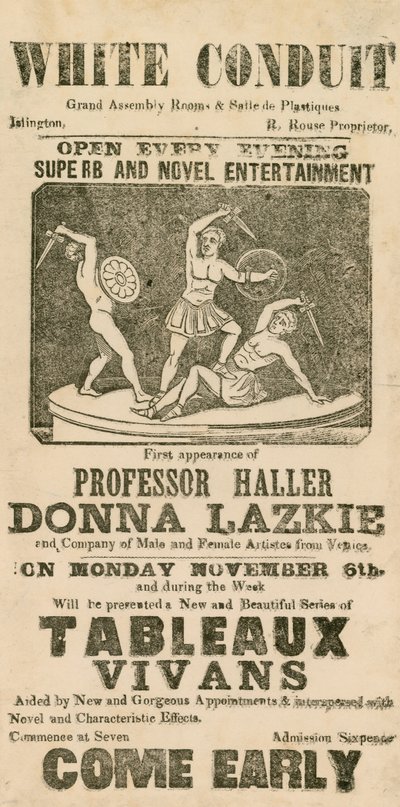 Advertentie voor entertainment in het White Conduit House, Islington, Londen door English School