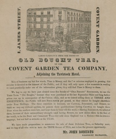 Advertentie voor oude gekochte theeën van de Covent Garden Thee Compagnie door English School