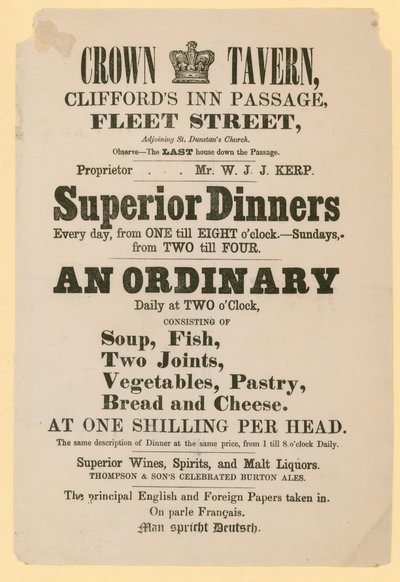 Advertentie voor de Crown Tavern, Cliffords Inn Passage, Fleet Street, Londen door English School