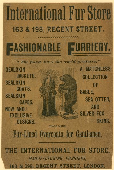 Advertentie voor de International Fur Store, 163 & 198 Regent Street, Londen door English School