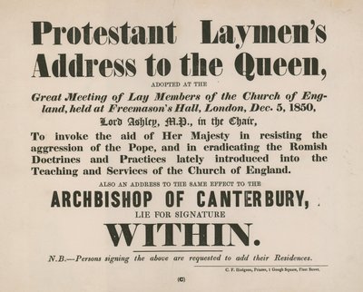 Advertentie voor het Protestant Laymans Address aan de koningin door English School