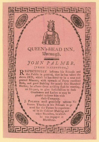 Advertentie voor de Queens Head Inn, Borough, Londen door English School