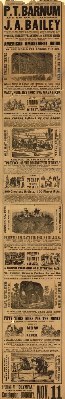 Advertentie voor het optreden van P T Barnum en J A Baileys show in Olympia door English School
