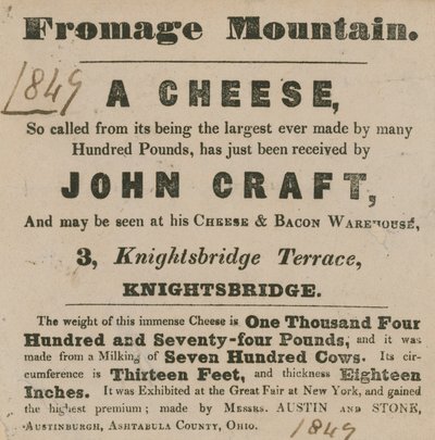 Advertentie voor de tentoonstelling van een kaas bekend als Fromage Mountain door English School