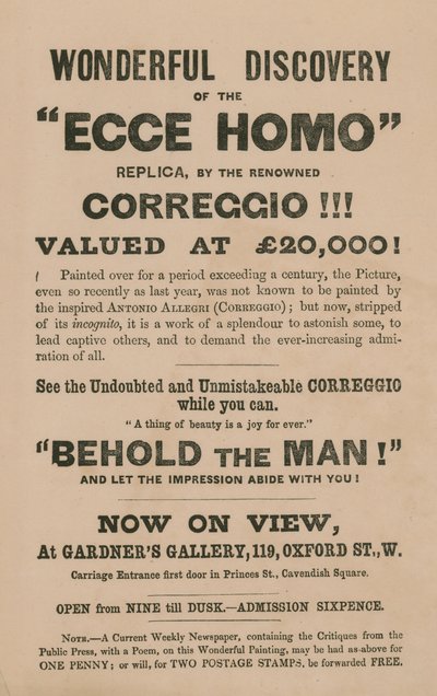 Advertentie voor de tentoonstelling van een replica van het schilderij Ecce Homo door Correggio (Antonio Allegri) door English School