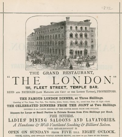 Advertentie voor het grote restaurant The London, 191 Fleet Street, Temple Bar door English School