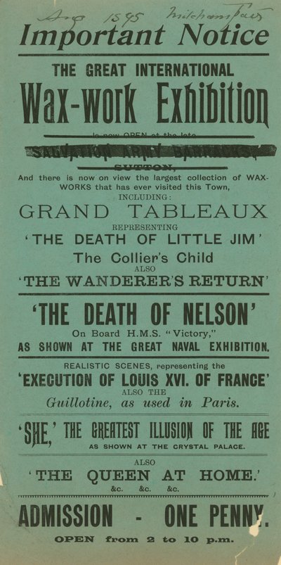Advertentie voor de grote Internationale Waswerk Tentoonstelling, Mitcham Fair, augustus 1895 door English School