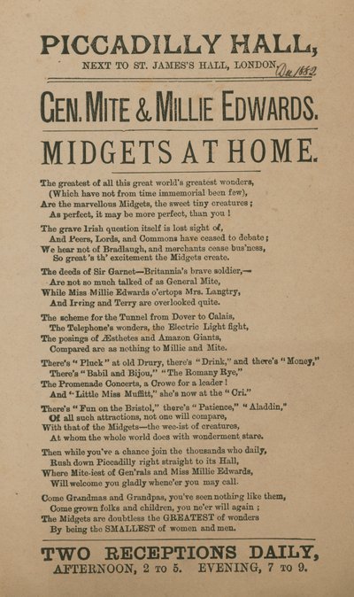 Advertentie voor General Mite en Millie Edwards door English School