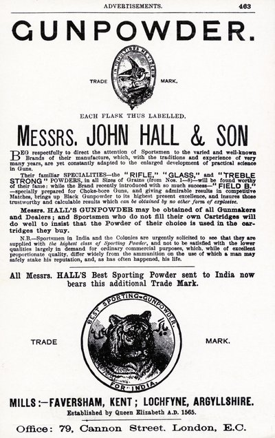 Advertentie voor buskruit door Messrs. John Hall & Son door English School