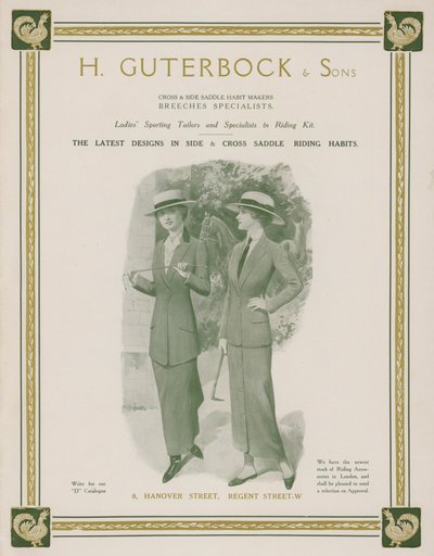 Advertentie voor H Guterbock & Sons, dames sportkleding en specialisten in rijuitrusting door English School