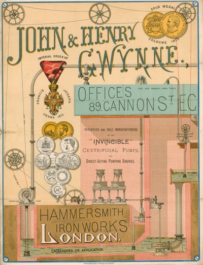 Advertentie voor John en Henry Gwynne, 89 Cannon Street, Londen, fabrikant van de onoverwinnelijke centrifugaalpomp door English School