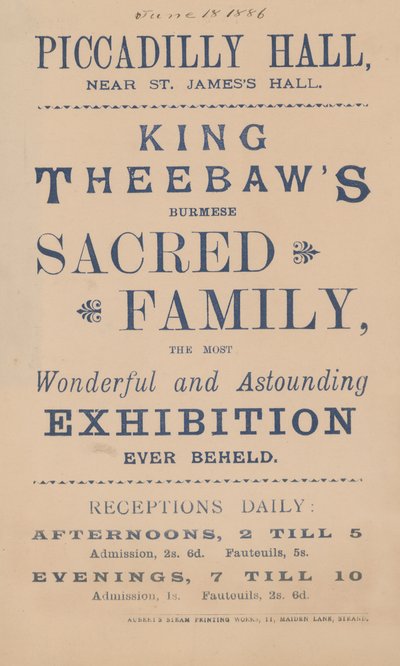 Advertentie voor King Theebaws Birmese Heilige Familie door English School